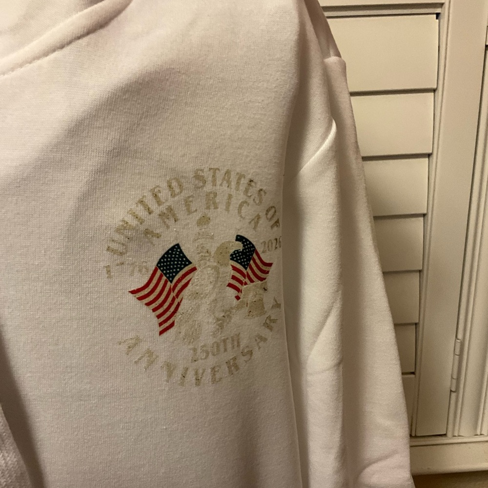 Handmade White Zip-Up Hoodie with Patriotic 250th Anniversary Flag Eagle Graphic - Picture 3 of 5